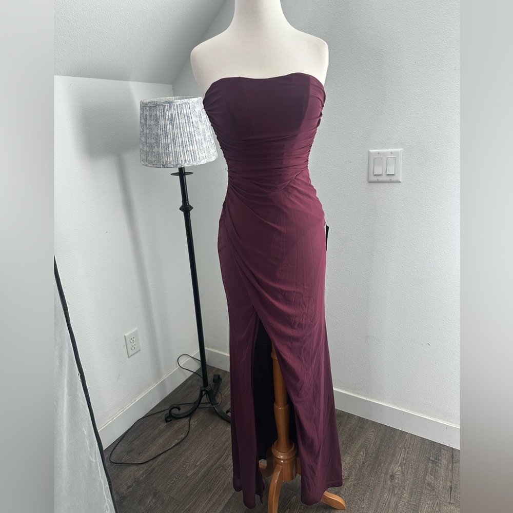 Lulu’s Epitome of Allure Purple Mesh Strapless Ruched Tulip Maxi Dress Small - Picture 5 of 7
